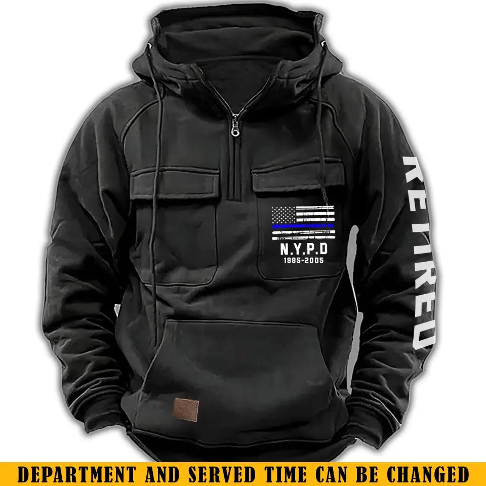 Personalized US Police Blue Line Custom Department & Service Time American Retro Hooded Sweatshirt Printed KVH241386