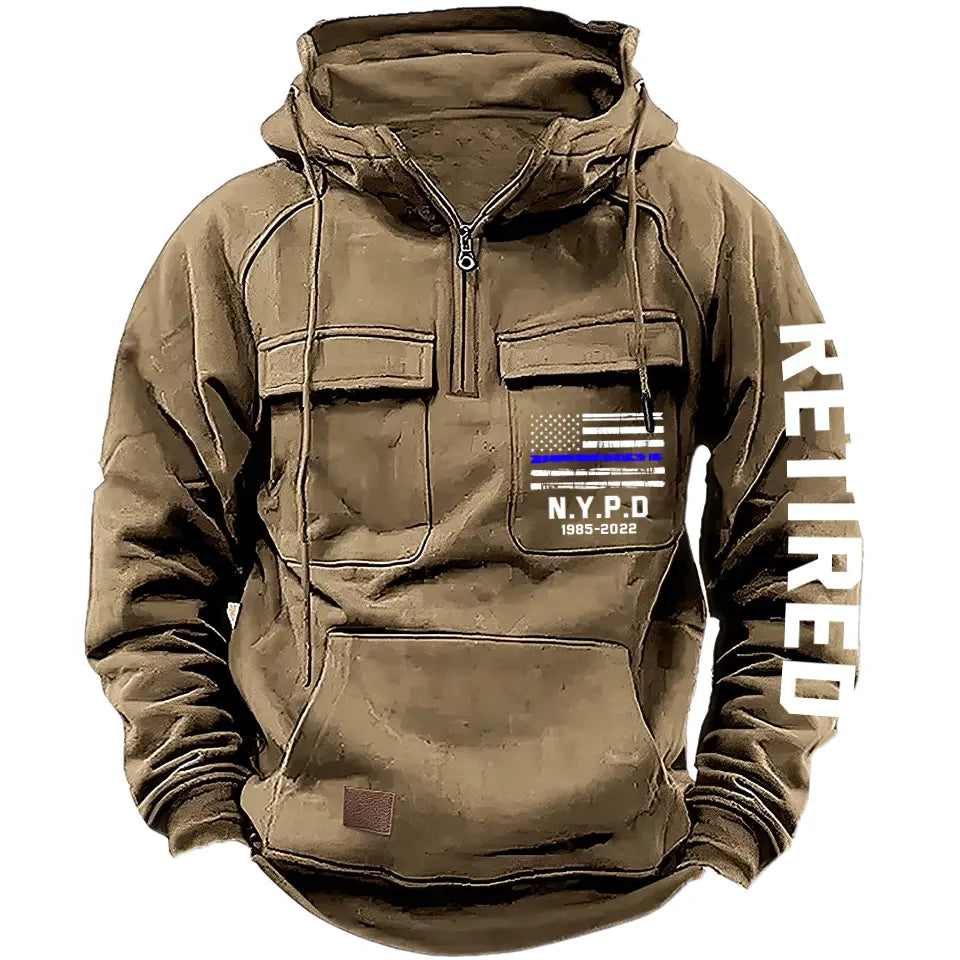 Personalized US Police Blue Line Custom Department & Service Time American Retro Hooded Sweatshirt Printed KVH241386