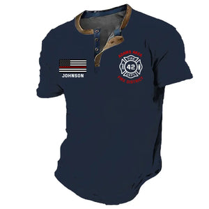 Personalized US Firefighter Custom Name, ID Number & Department Lapel Button Men's Short Sleeves Neck Short Sleeve Button T shirt Printed VQ241385