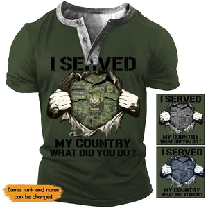 Personalized I Served My Country What Did You Do Canadian Veteran Rank Camo Lapel Button Men's Short Sleeves Neck Short Sleeve Button T shirt Printed KVH241392