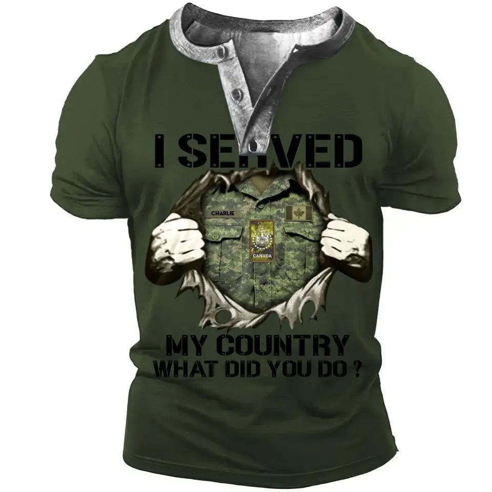 Personalized I Served My Country What Did You Do Canadian Veteran Rank Camo Lapel Button Men's Short Sleeves Neck Short Sleeve Button T shirt Printed KVH241392