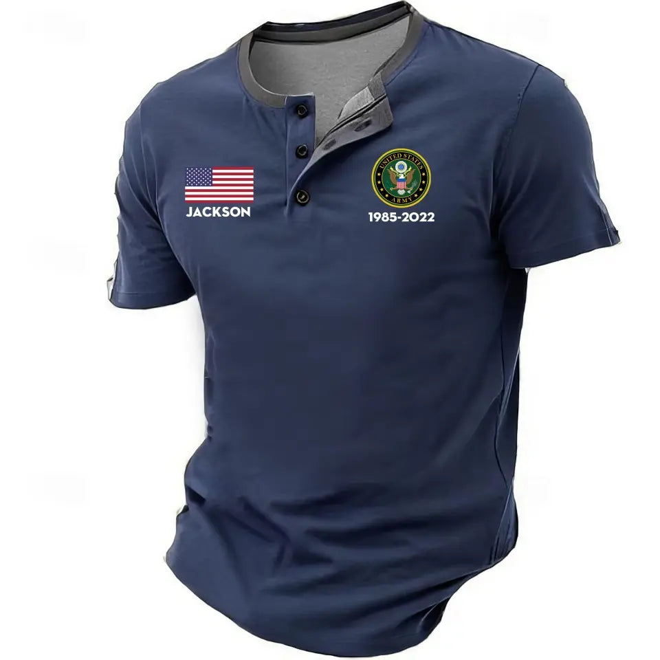 Personalized US Veteran Branch Logo Custom Name & Time Lapel Button Men's Short Sleeves Neck Short Sleeve Button T shirt Printed KH241399