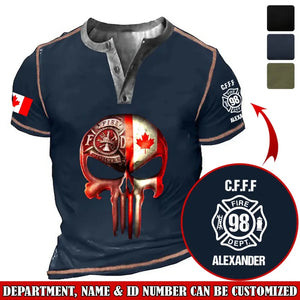 Personalized Punisher Skull Canadian Firefighter Logo Custom Name, ID Number & Department Lapel Button Men's Short Sleeves Neck Short Sleeve Button T shirt Printed AHVQ241406