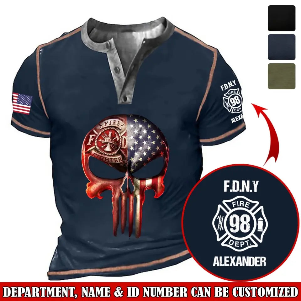 Personalized Punisher Skull US Firefighter Logo Custom Name, ID Number & Department Lapel Button Men's Short Sleeves Neck Short Sleeve Button T shirt Printed AHVQ241406