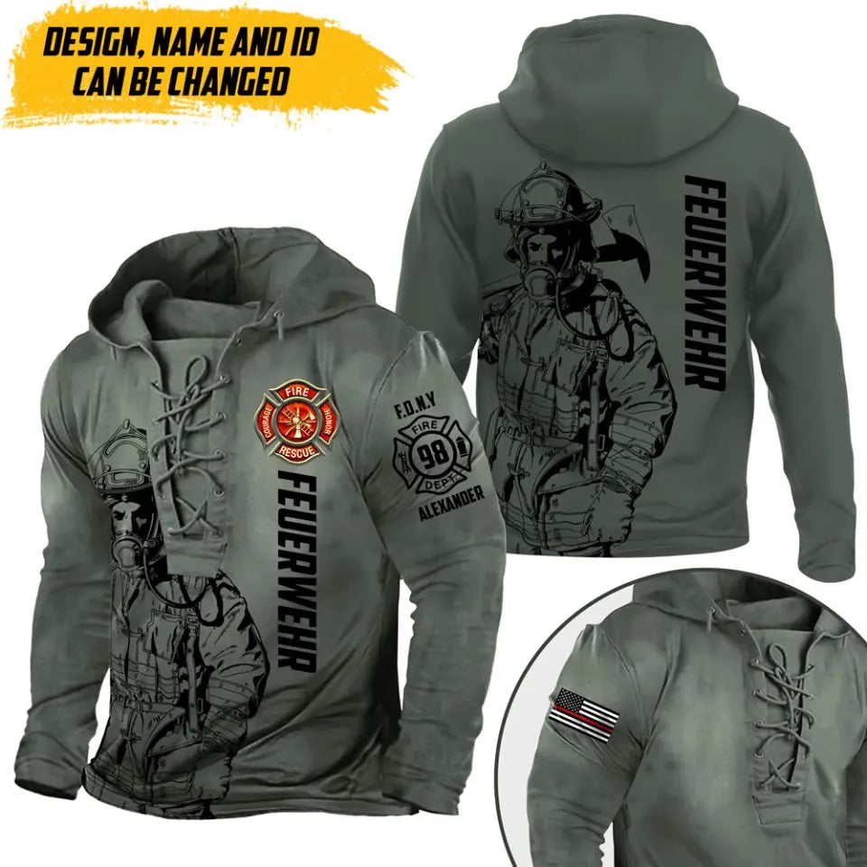 Personalized US Firefighter Custom Name, ID & Department Lace-up Long Sleeves Hoodie 3D Printed AHVA241421