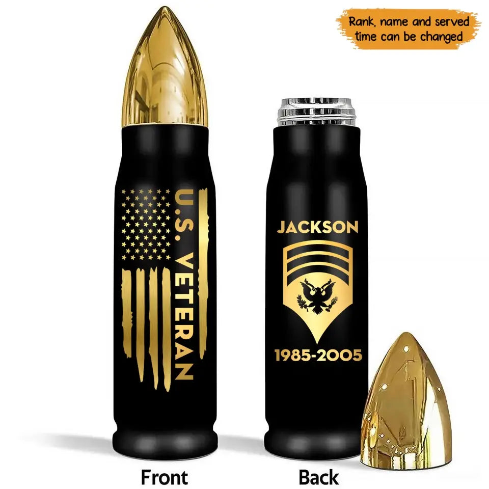 Personalized US Veteran Rank Gold Custom Name & Time Bullet Tumbler KVH241423