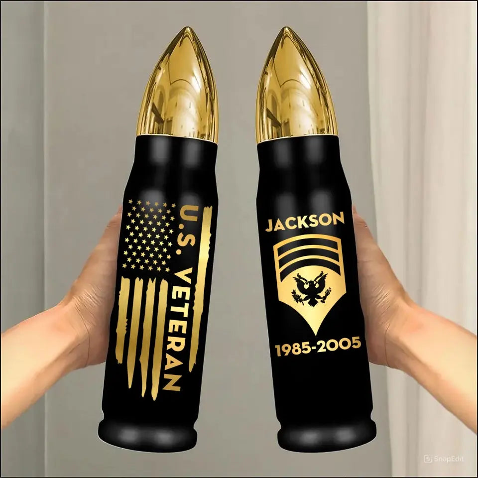 Personalized US Veteran Rank Gold Custom Name & Time Bullet Tumbler KVH241423