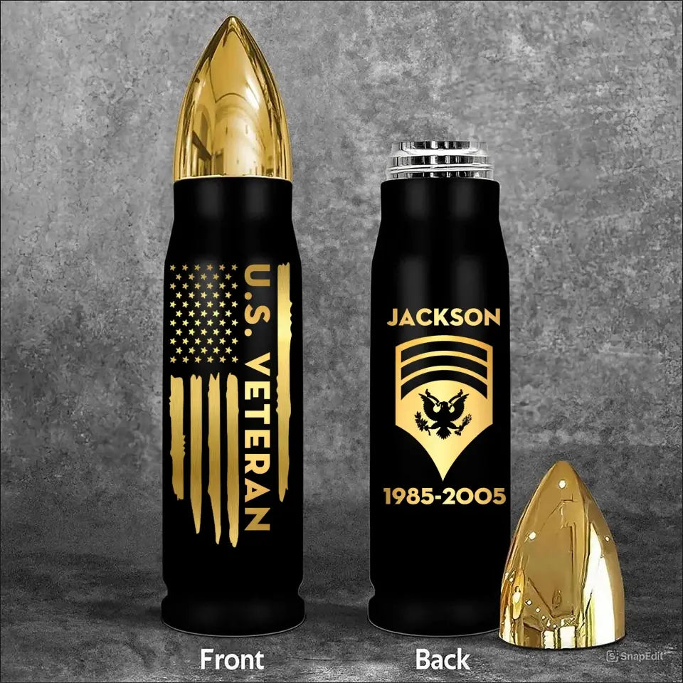 Personalized US Veteran Rank Gold Custom Name & Time Bullet Tumbler KVH241423