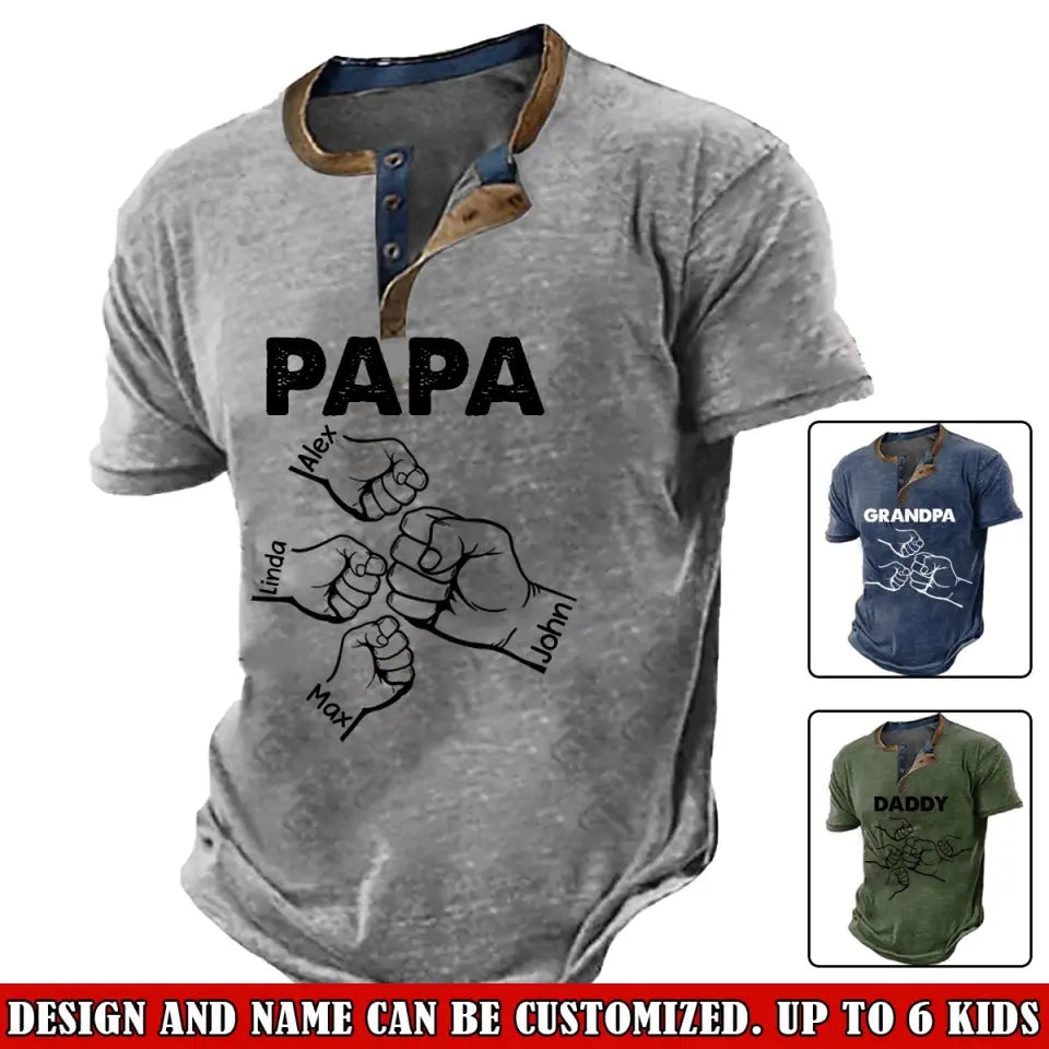 Personalized Papa Hands With Kid Names Happy Father's Day Lapel Button Men's Short Sleeves Neck Short Sleeve Button T shirt Printed VQ241418