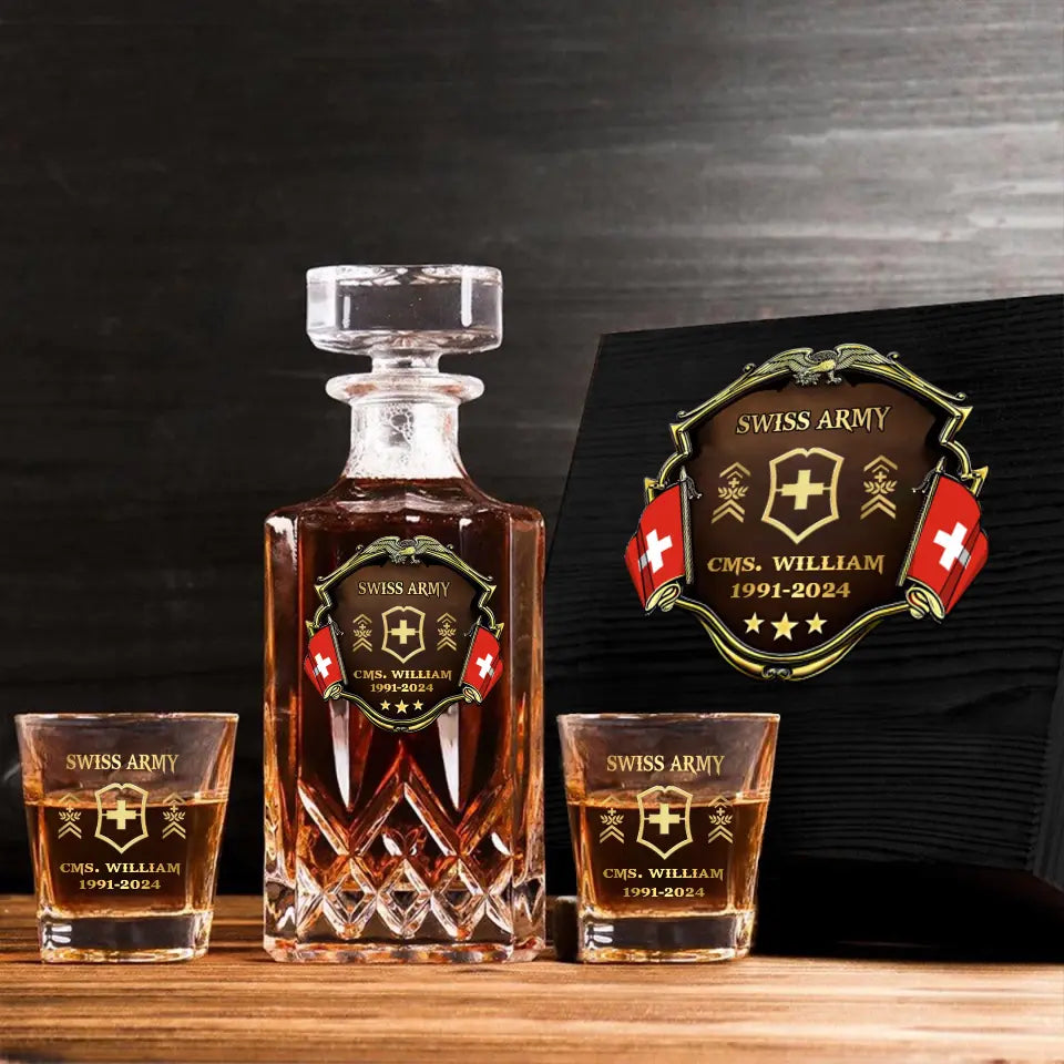 Personalized Swiss Veteran Branch Logo Rank Gold Custom Name & Time Decanter Set with Glasses printed AHVA241425