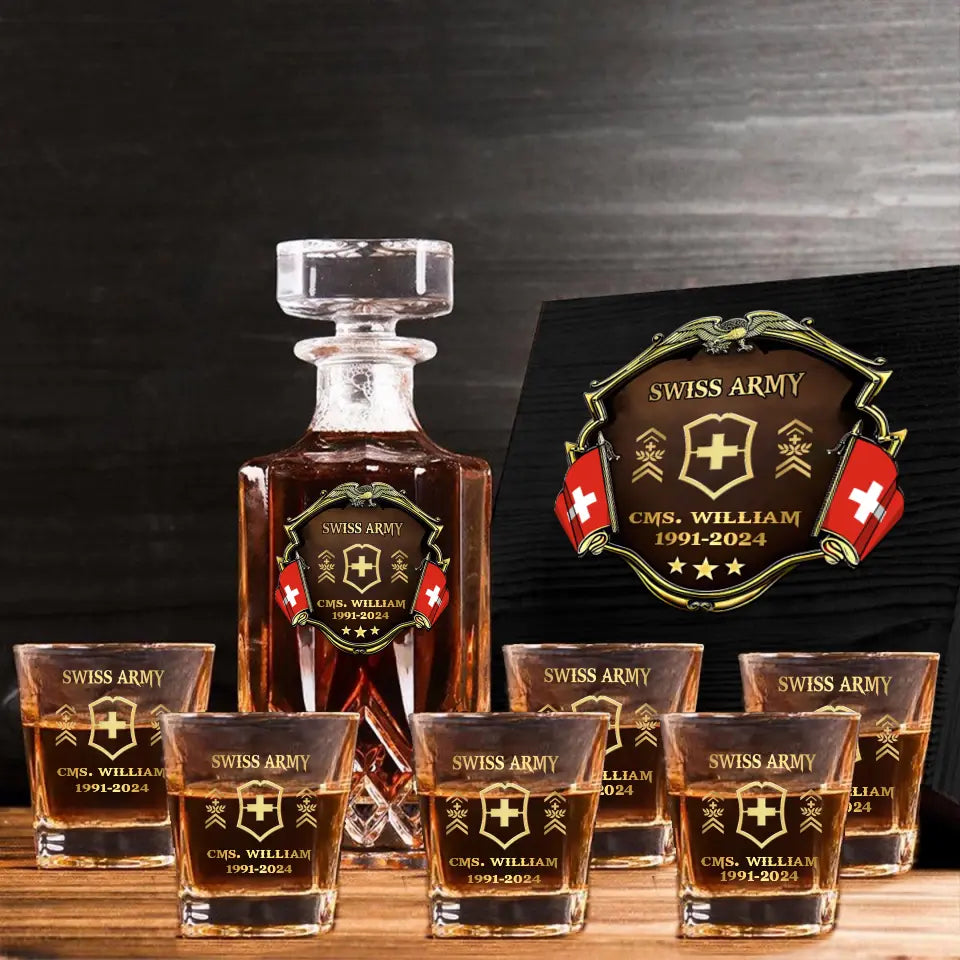 Personalized Swiss Veteran Branch Logo Rank Gold Custom Name & Time Decanter Set with Glasses printed AHVA241425