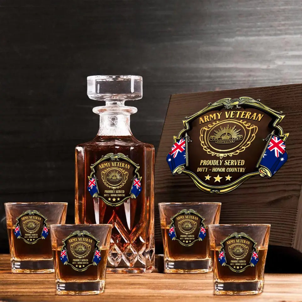 Personalized Australian Veteran Logo Proudly Served Duty Honor Country Decanter Set with Glasses Printed AHVQ241455