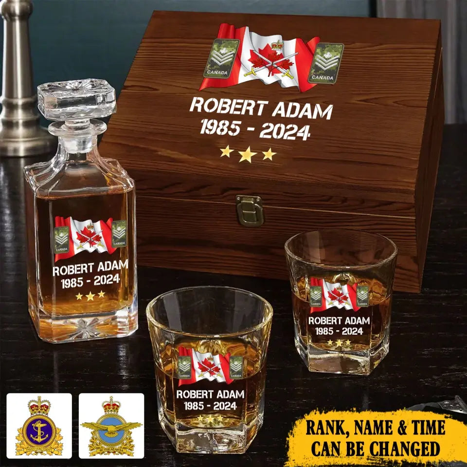 Personalized Canadian Veteran Rank Camo Custom Name & Time Decanter Set with Glasses printed AHVA241459