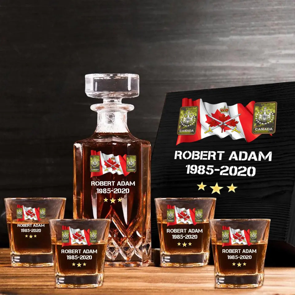 Personalized Canadian Veteran Rank Camo Custom Name & Time Decanter Set with Glasses printed AHVA241459