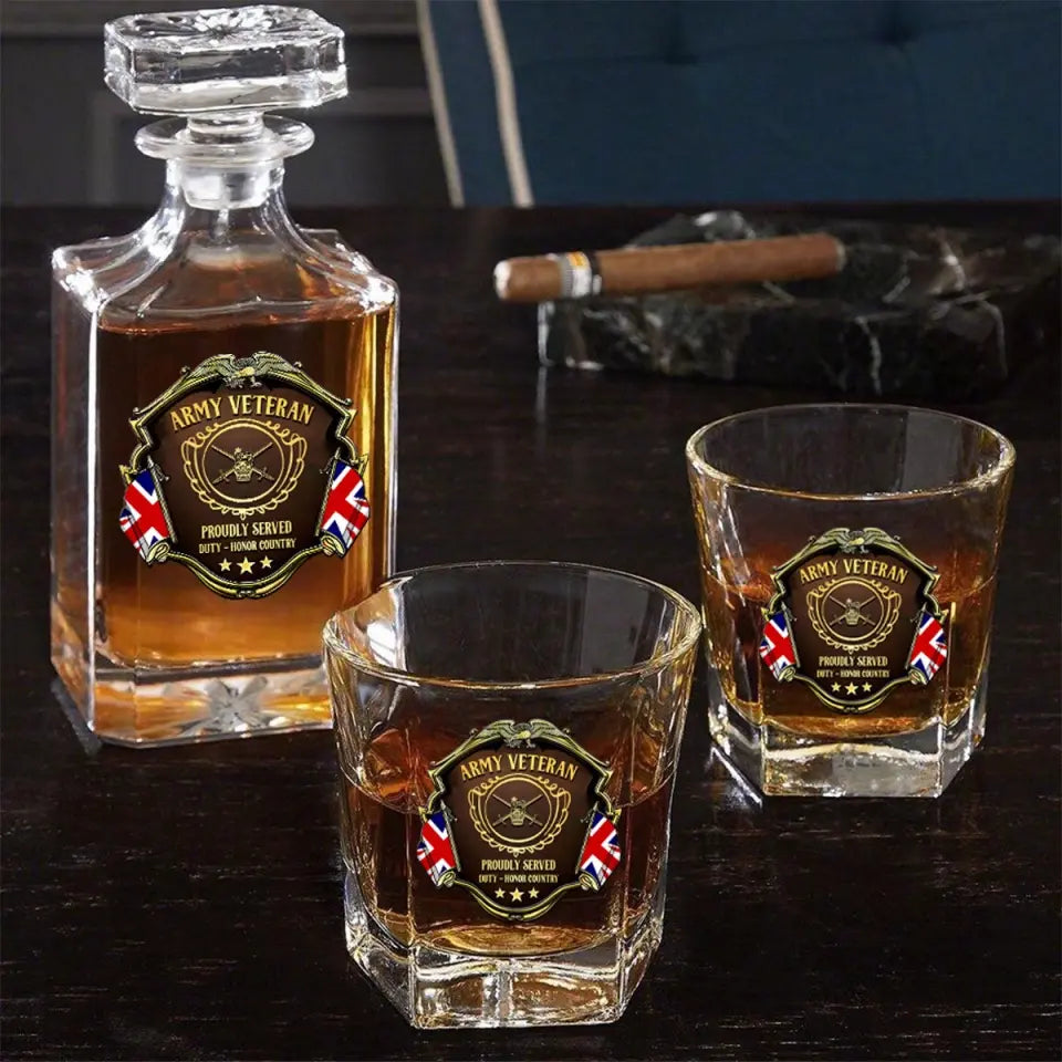 Personalized UK Veteran Logo Proudly Served Duty Honor Country Decanter Set with Glasses Printed AHVQ241455