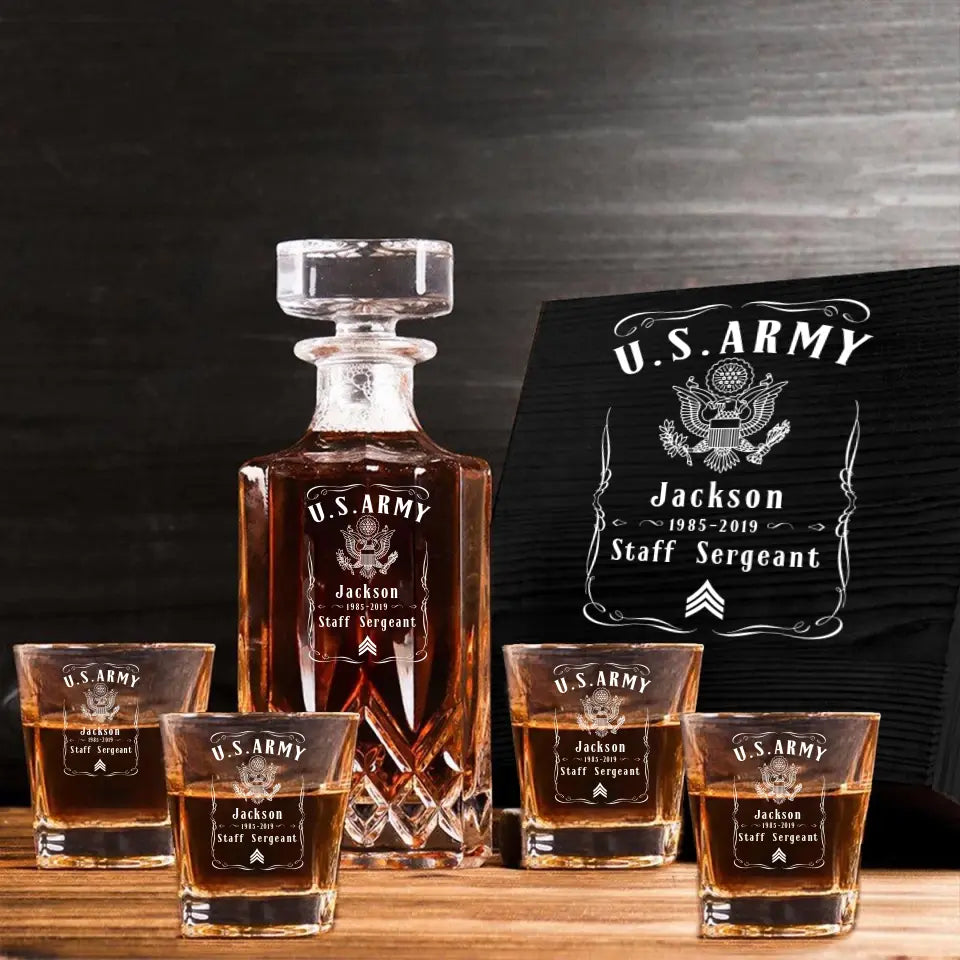 Personalized US Army Logo Custom Name & Time Decanter Set With Glasses Printed KVH241464