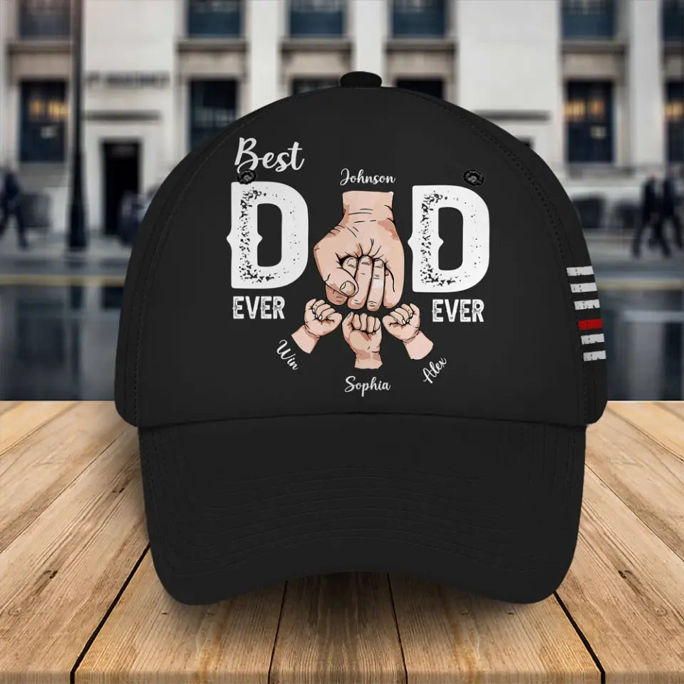 Personalized US Firefighter Father Best Dad Ever Dad Hands & Kid Names Gift For Him For Fathers Black Cap 2D Printed QTHN241465