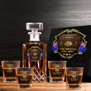 Personalized Australian Veteran Branch Logo Rank Gold Custom Name Decanter Set with Glasses printed AHVA241366