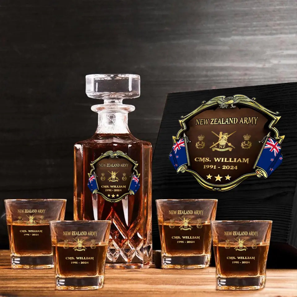 Personalized New Zealand Army Logo Rank Gold Custom Name & Time Decanter Set With Glasses Printed AHVA241480