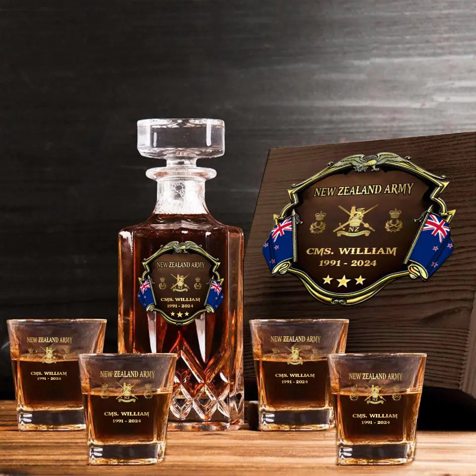 Personalized New Zealand Army Logo Rank Gold Custom Name & Time Decanter Set With Glasses Printed AHVA241480