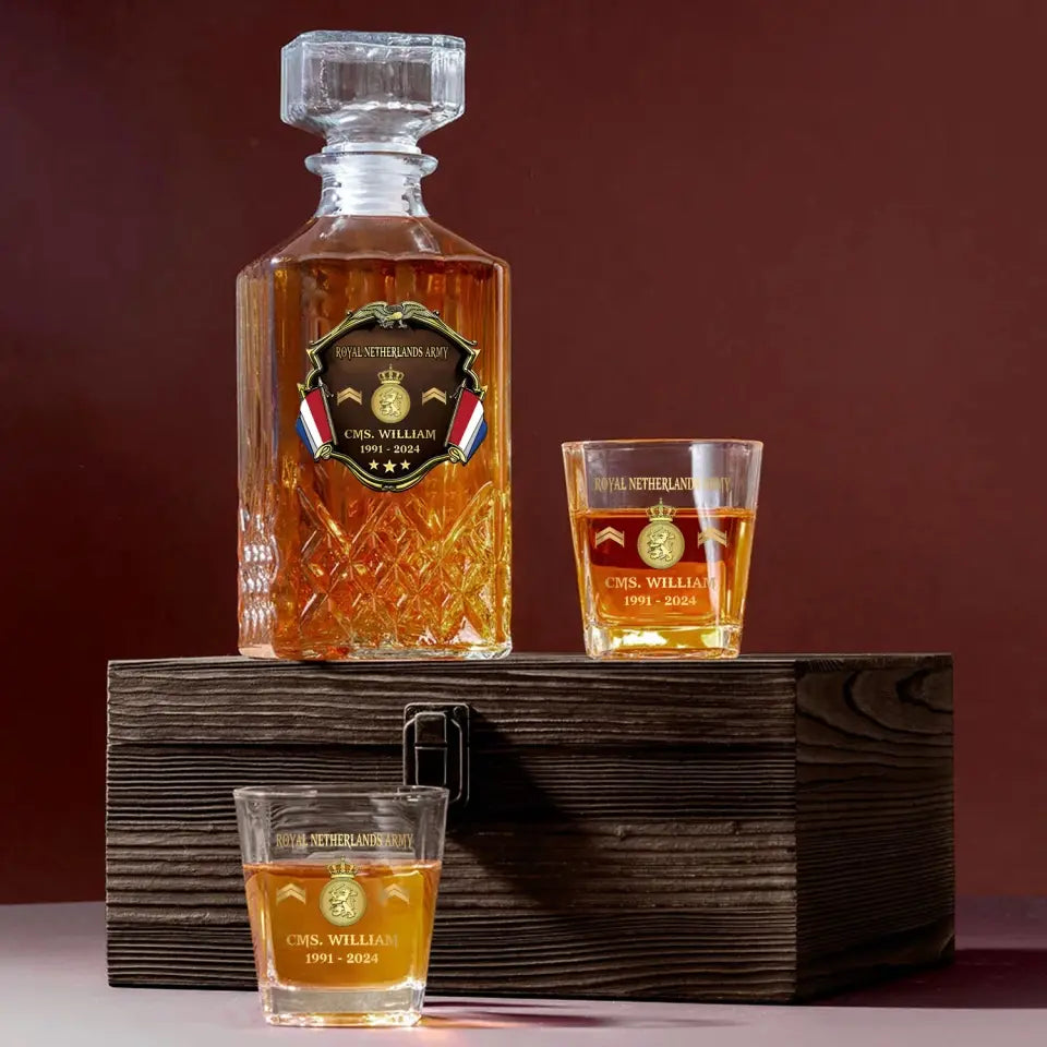 Personalized Netherlands Army Logo Rank Gold Custom Name & Time Decanter Set With Glasses Printed AHVA241480