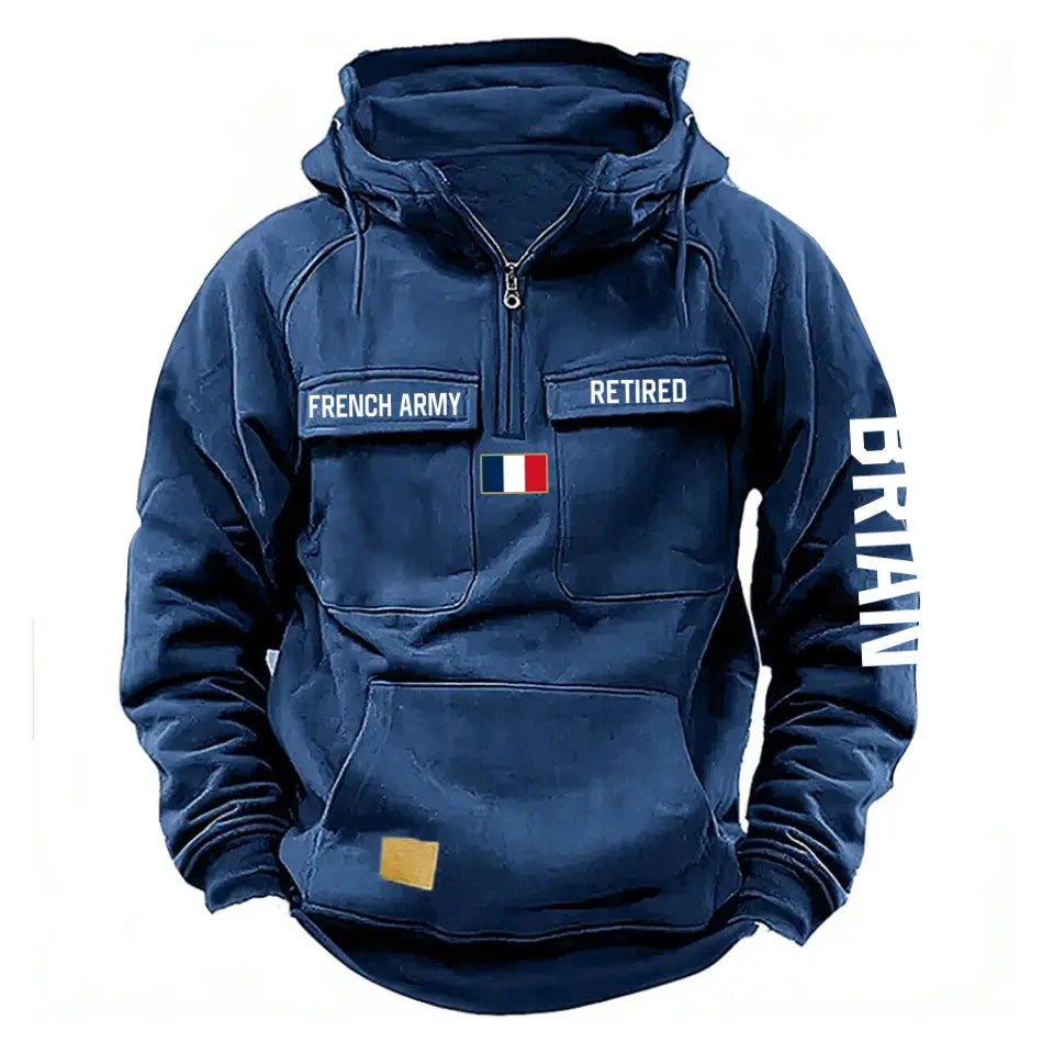 Personalized French Army Veteran Custom Name France Flag American Retro Hooded Sweatshirt Printed QTVA241509