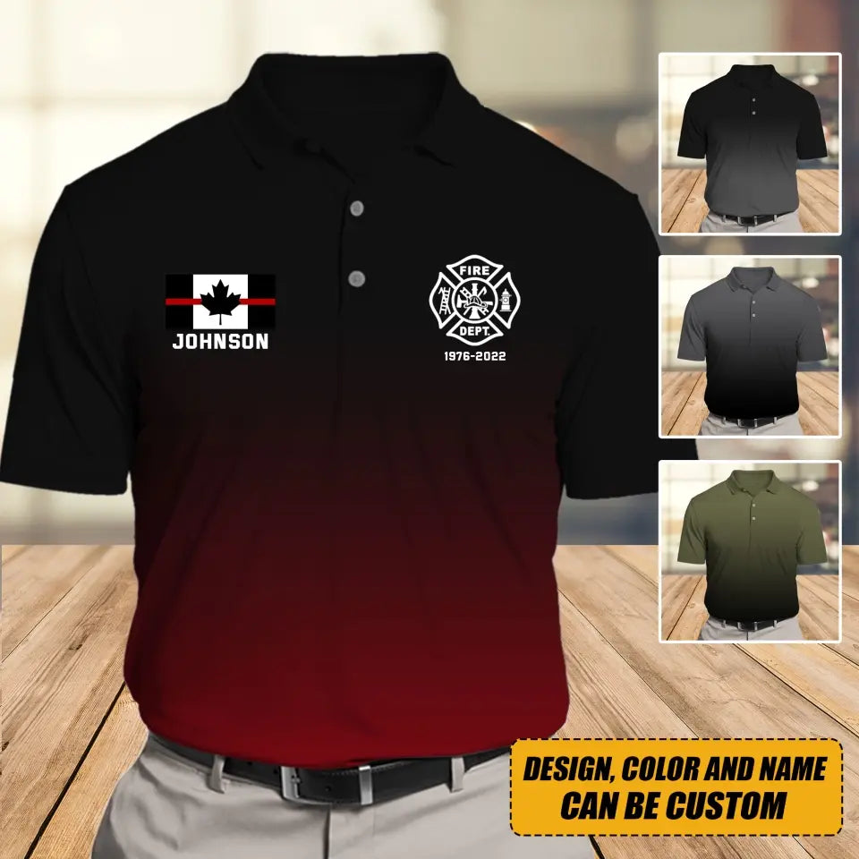 Personalized Canadian Firefighter Flag Thin Red Line Custom Name Polo Shirt Printed QTVQ241511