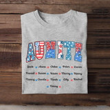 Personalized US Auntie Flowers & Kid Names Independence Day 4th July T-shirt Printed HN241536