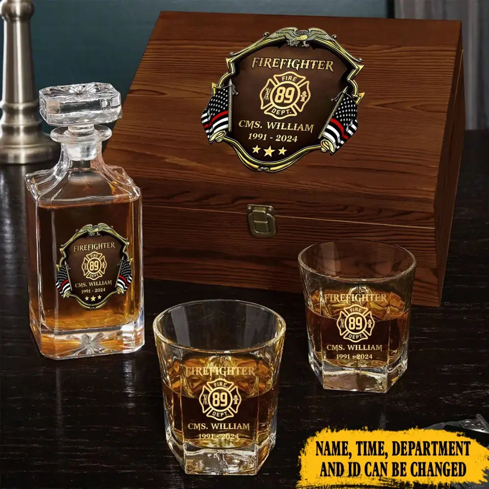 Personalized US Firefighter Logo Custom Name & Time Decanter Set With Glasses Printed AHVA251558