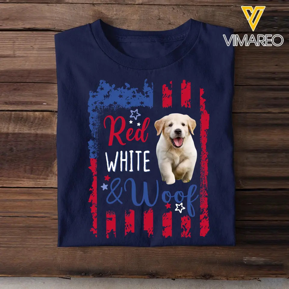 Personalized Upload Your Dog Photo Red White & Woof US Flag Independence Day 4th July Gift T-shirt Printed HN241567