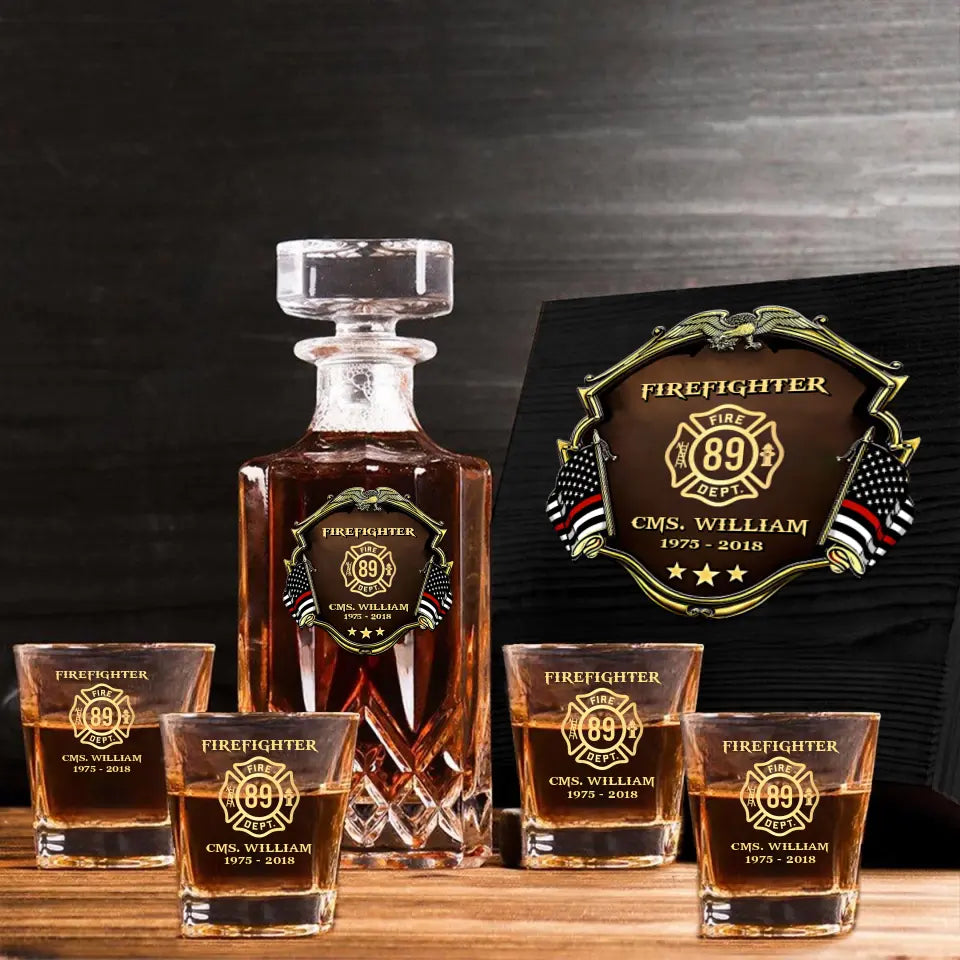 Personalized US Firefighter Logo Custom Name & Time Decanter Set With Glasses Printed AHVA251558