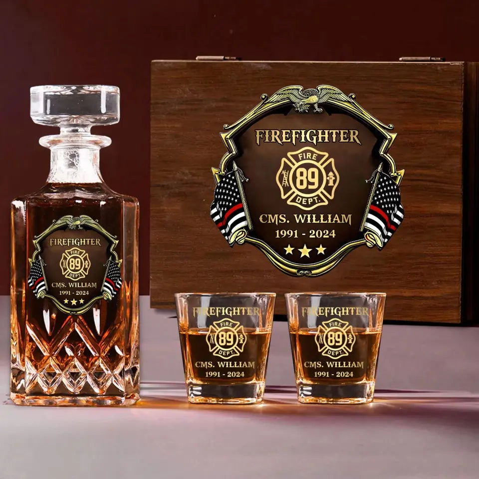 Personalized US Firefighter Logo Custom Name & Time Decanter Set With Glasses Printed AHVA251558