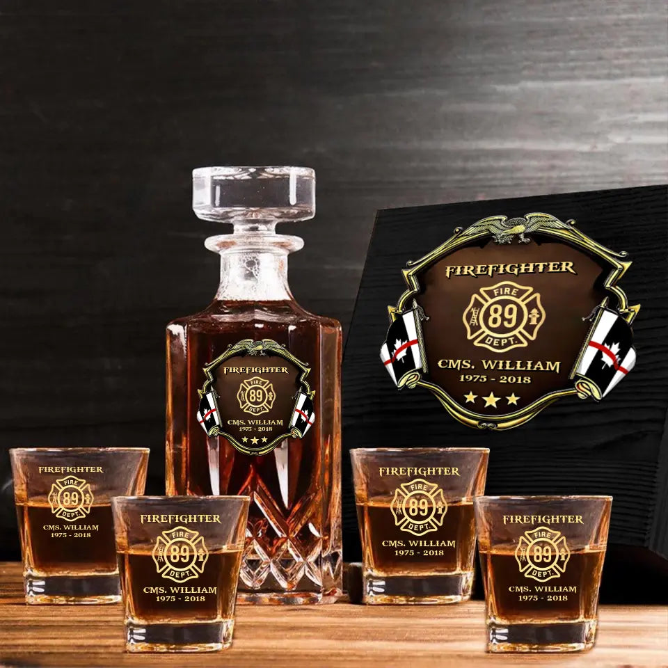 Personalized Canadian Firefighter Logo Custom Name & Time Decanter Set With Glasses Printed AHVA251558