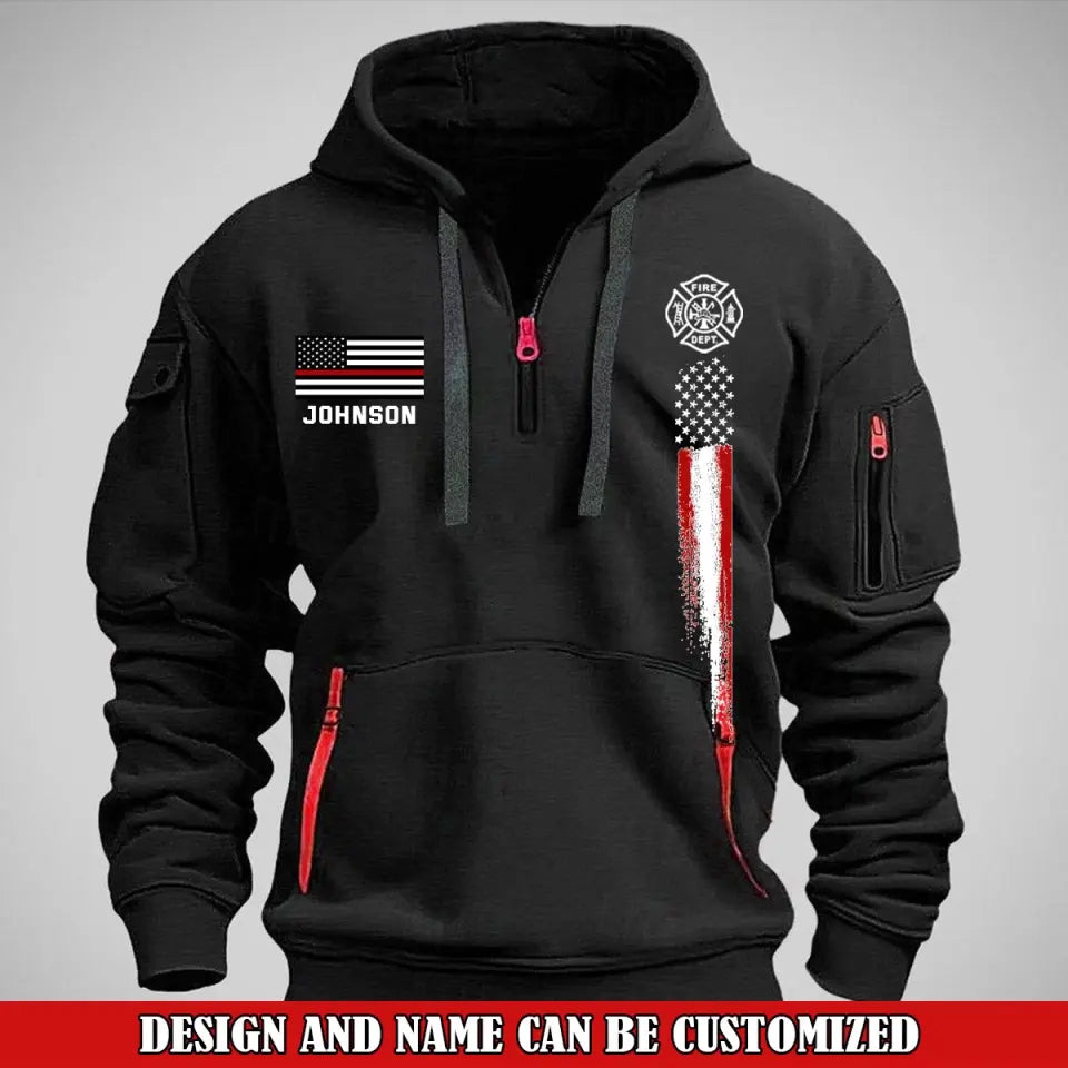 Personalized US Firefighter Flag Custom Name Quarter Zip Hoodie 2D Printed QTVQ241568