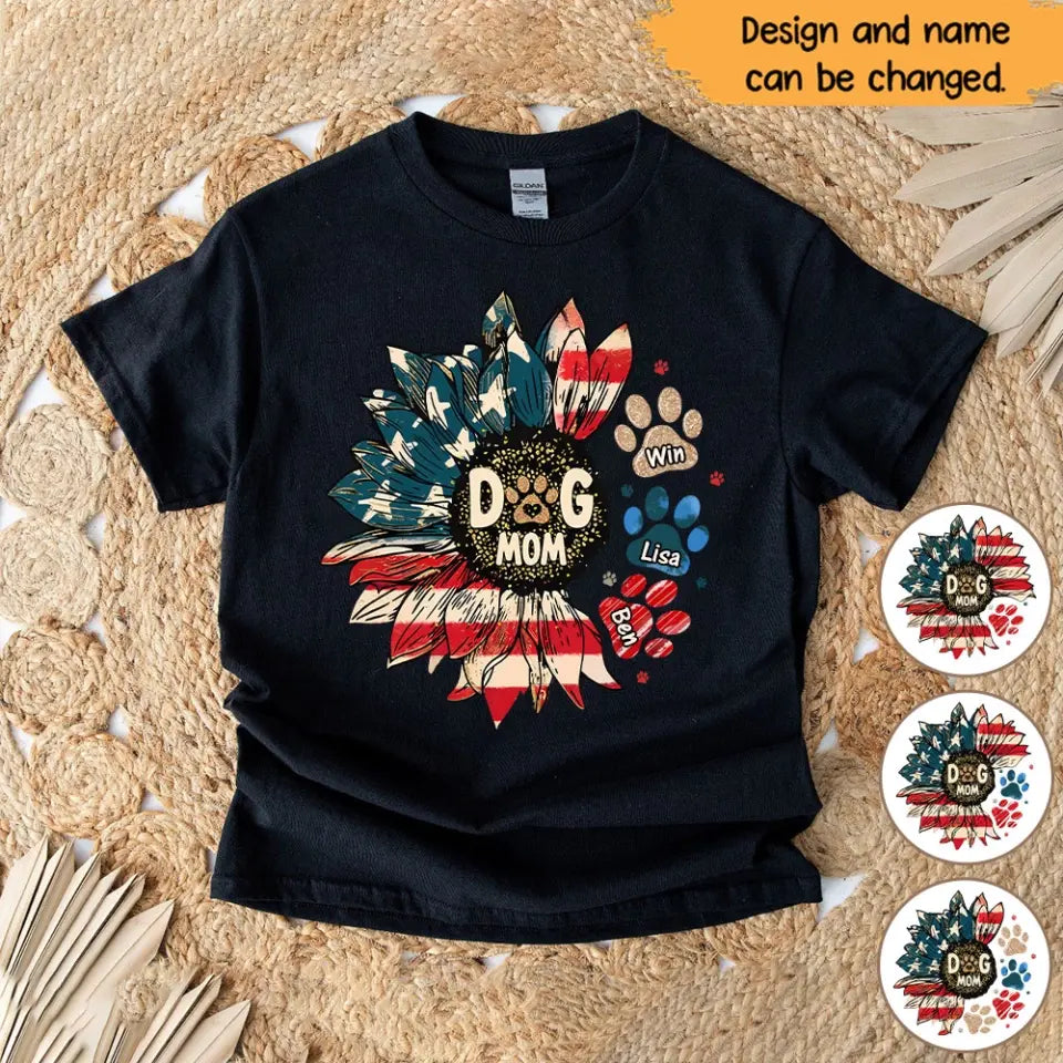 Personalized Dog Mom US Flag Sunflower Dog Paws Independence Day 4th July Gift T-shirt Printed HN241582