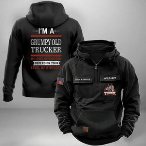 Personalized I'm A Grumpy Old Trucker My Level Of Sarcasm Depend On Your Level Of Stupidty US Truck Driver American Retro Hooded Sweatshirt Printed VQ241583