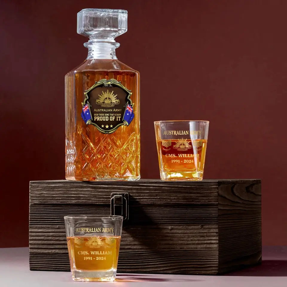 Personalized Australian Army Been There Done That & Darm Proud Of It Australian Veteran Rank Gold Decanter Set With Glasses Printed AHVA251595