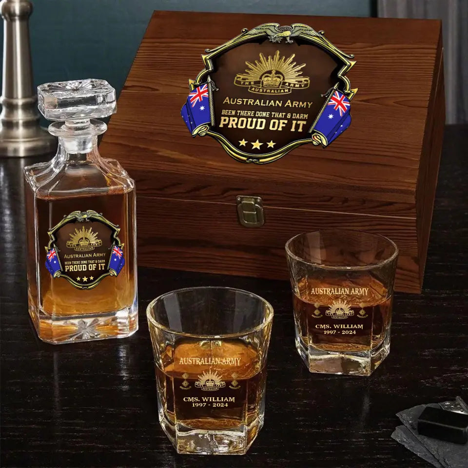 Personalized Australian Army Been There Done That & Darm Proud Of It Australian Veteran Rank Gold Decanter Set With Glasses Printed AHVA251595