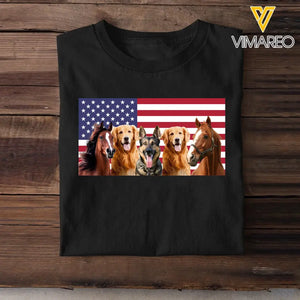 Personalized Upload Your Photo Horse & Dog US Flag Independence Day 4th July Gift T-shirt Printed HN241600