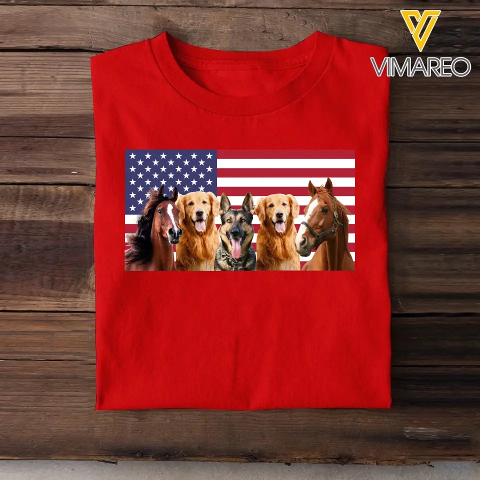 Personalized Upload Your Photo Horse & Dog US Flag Independence Day 4th July Gift T-shirt Printed HN241600