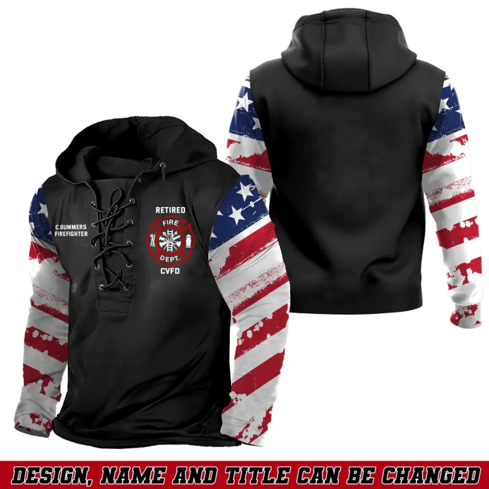 Personalized Retired US Firefighter Department US Flag Lace-up Long Sleeves Hoodie 3D Printed QTHN241607