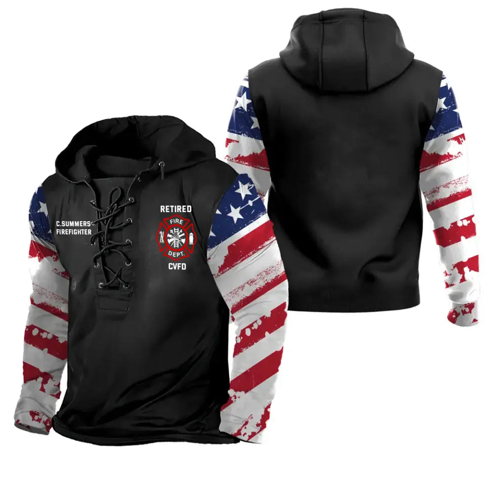 Personalized Retired US Firefighter Department US Flag Lace-up Long Sleeves Hoodie 3D Printed QTHN241607
