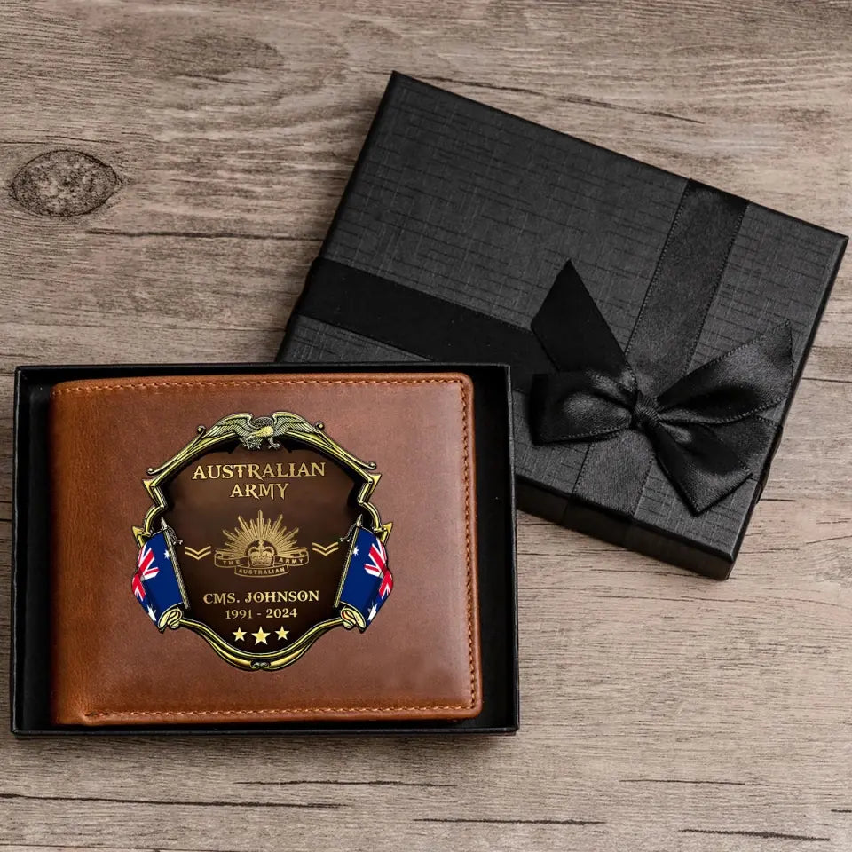 Personalized Australian Army Veteran Rank Gold Custom Name & Time Leather Wallet AHHN241611