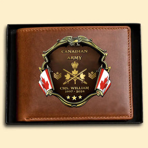 Personalized Canadian Army Veteran Rank Gold Custom Name & Time Leather Wallet AHHN241611