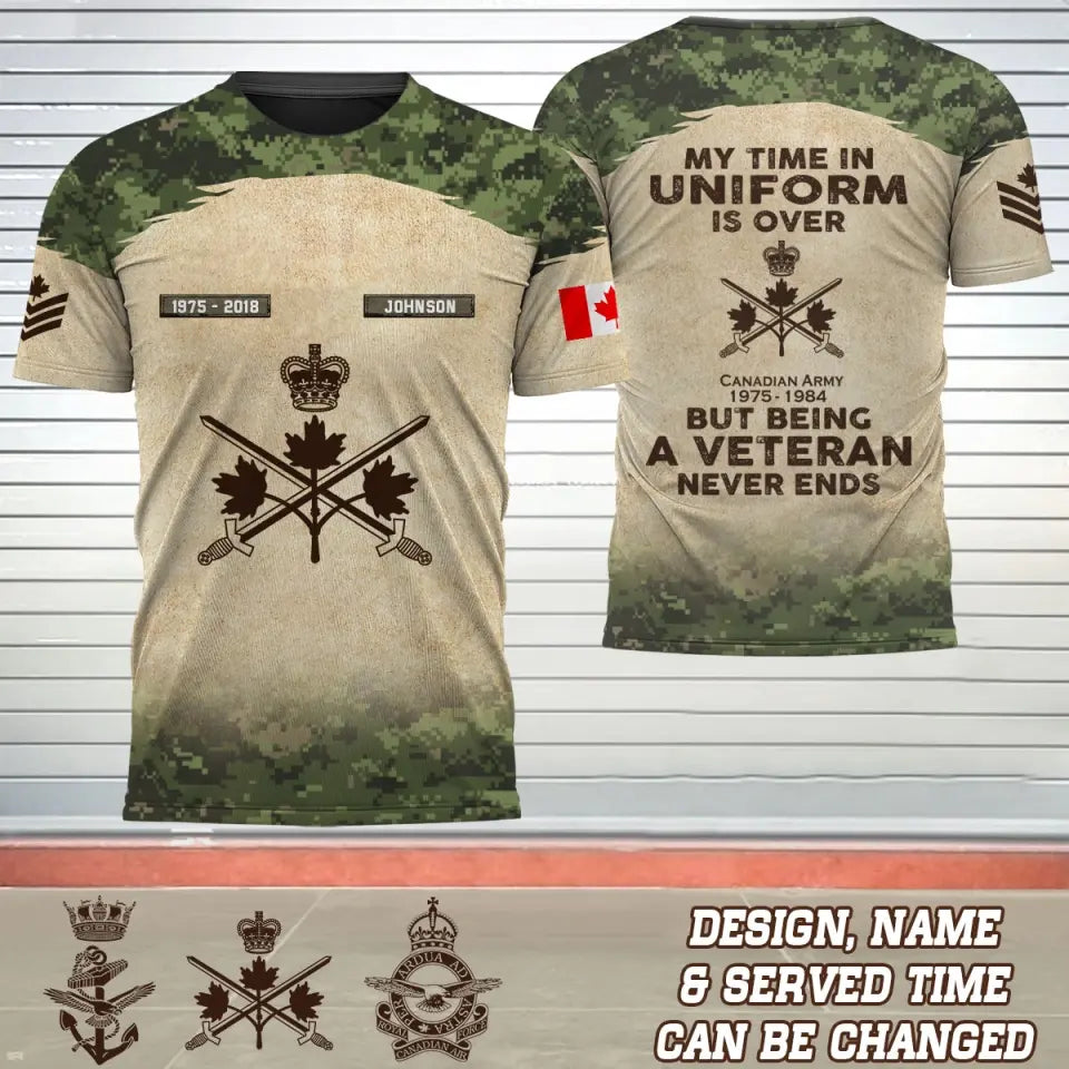 Personalized My Time In Uniform Is Over But Being A Veteran Never Ends Canadian Veteran Logo 3D T-shirt Printed AHVQ241647