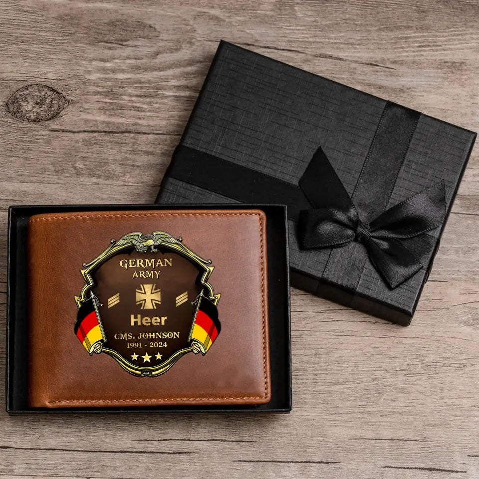 Personalized German Army Veteran Rank Gold Custom Name & Time Leather Wallet AHHN241660