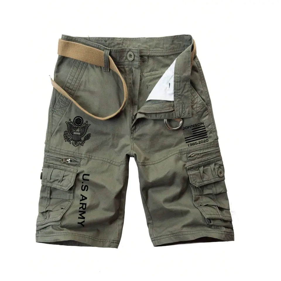 Personalized US Veteran Branch Logo Custom Name & Time Mens Cargo Shorts Casual Five-Point Overalls Short Pants - Retro Cargo Pants 2D Printed VQ241699