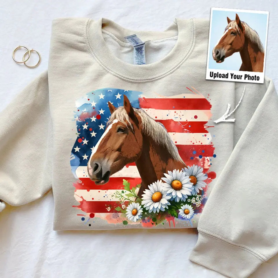 Personalized Upload Your Horse Photo Horse Flowers US Flag Horse Lovers Gift Sweatshirt Printed HN241738