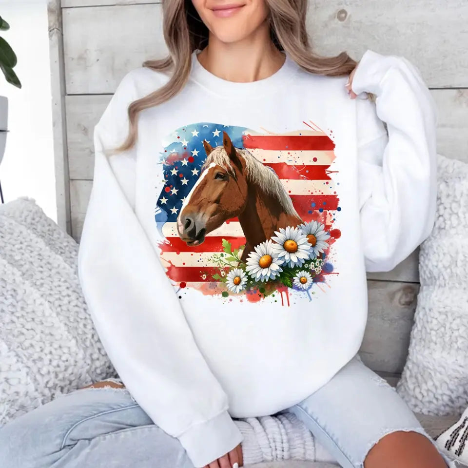 Personalized Upload Your Horse Photo Horse Flowers US Flag Horse Lovers Gift Sweatshirt Printed HN241738