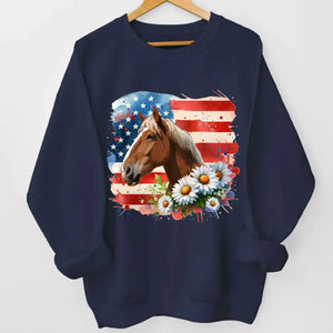 Personalized Upload Your Horse Photo Horse Flowers US Flag Horse Lovers Gift Sweatshirt Printed HN241738